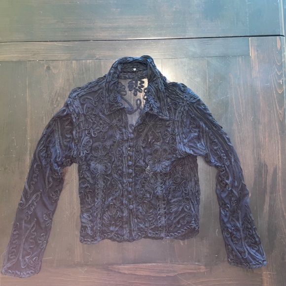 Vintage Cropped  Sheer Black  Long Sleeve Women (M-L)  crochet gothic blouse - Picture 5 of 8